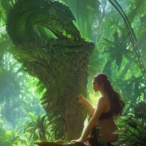 Image similar to A large green scaled dragon egg in a tropical jungle, fantasy art by greg rutkowski and alphonse mucha, highly detailed, digital painting, matte painting, concept art, illustration, oppressive lighting, trending on artstation, very detailed