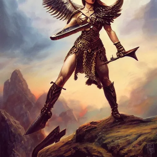 Image similar to a valkyrie swinging a greatsword atop a pile of bones painted by boris vallejo, epic fantasy, soft details, illustration, album cover, HD, trending on artstation, intricate