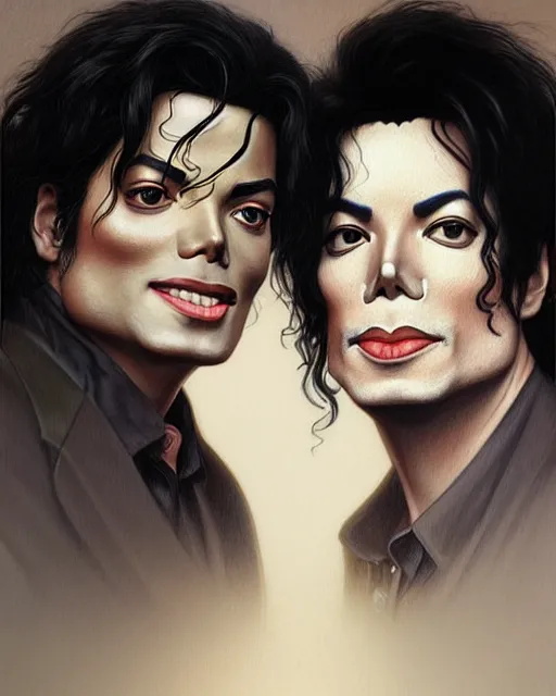 Image similar to Portrait of Michael Jackson & Michael Mcintyre in Ibiza,real life skin, intricate, elegant, highly detailed, artstation, concept art, smooth, sharp focus, art by artgerm and greg rutkowski and alphonse mucha