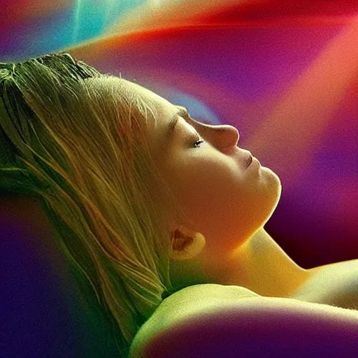 Image similar to This digital art is a beautiful example of use of color and light. The digital art depicts a woman reclining on a couch, with her head turned to the side and her eyes closed. The woman's body is bathed in a light, and her skin appears to glow. The artist has used a soft, delicate palette to create a sense of tranquility and serenity. The digital art is elegant and graceful, and the woman's face is incredibly expressive. It is a truly beautiful digital art. pastel by Ryan Stegman realist, colorful