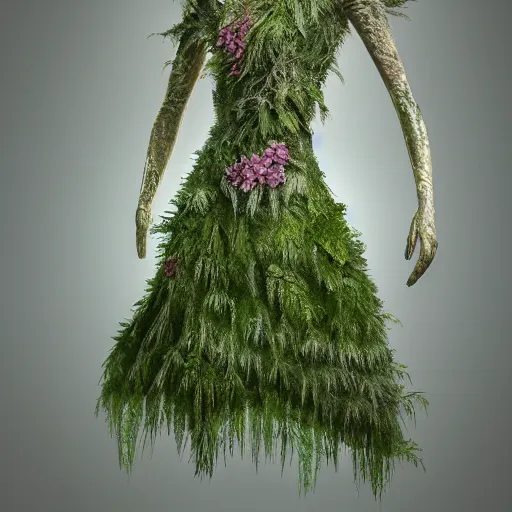 Prompt: a haute couture dress of ferns and flowers and glacial runoff, curvy features, costume design + octane render + hyper realistic + swampy background, vintage