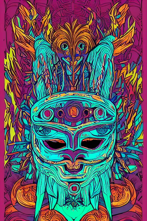 Image similar to animal mask totem roots flower tribal feather gemstone plant wood rock shaman vodoo video game vector cutout illustration vivid multicolor borderlands comics by josan gonzales and dan mumford radiating a glowing aura