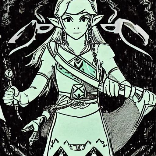 Image similar to Zelda from Legend of Zelda: Breath of the Wild, 1970's grainy vintage illustration