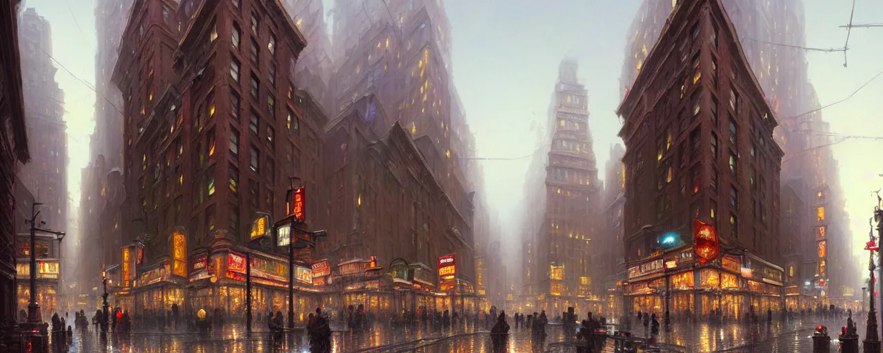 Prompt: photo of a street level view of new york building facade. storefronts. city block. architecture. art by greg rutkowski and thomas kinkade