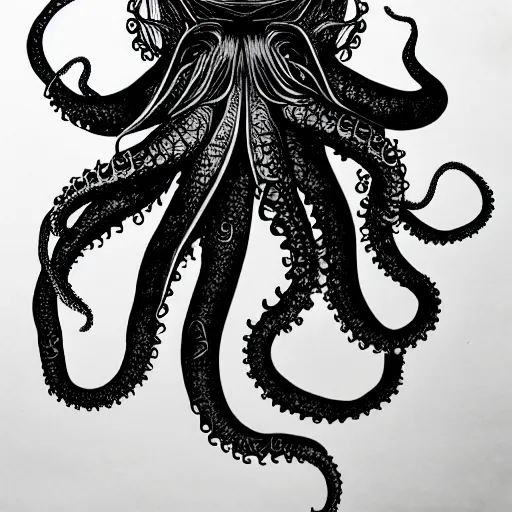 Prompt: black ink on paper, alien octopus, trending on artstation, beautiful, intricate, detailed