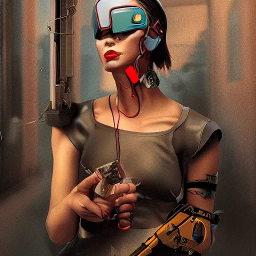 Prompt: cyberpunk woman, cigarette dangling, grenade in hand, by pascal blanche, ultradetailed, 8 k