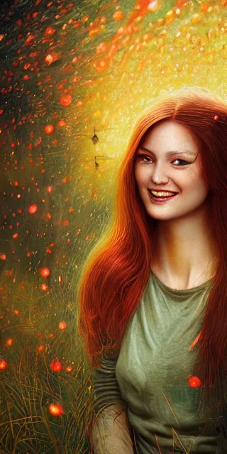 Image similar to infp young woman, smiling amazed, golden fireflies lights, sitting in the midst of nature fully covered, long loose red hair, intricate linework, green eyes, small nose with freckles, oval shape face, realistic, expressive emotions, dramatic lights spiritual scene, hyper realistic ultrafine art by michael cheval, jessica rossier, boris vallejo