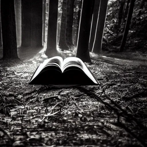 Image similar to book on the ground of the woods, horror, scary, dramatic lighting, shadows, monster