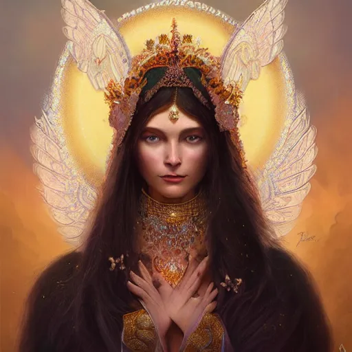 Image similar to A beautiful digital painting of a female Seraphim full of jewels, princess, the moon behind her, intricate, cinematic lighting, highly detailed, digital painting, Artstation, concept art, smooth, sharp focus, illustration, art by Tom Bagshaw, Artgerm and Greg Rutkowski