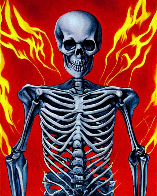 Prompt: skeletal figure with fiery angry red eyes, airbrush, drew struzan illustration art, key art, movie poster