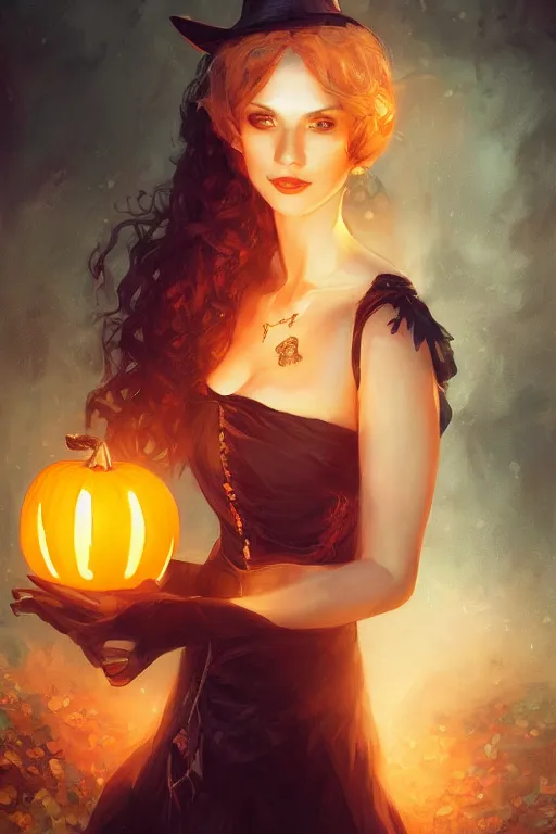 Image similar to portrait of a beautiful victorian witch holding a jack - o - lantern, halloween night, charlie bowater, artgerm, ilya kuvshinov, krenz cushart, ruan jia, realism, ultra detailed, 8 k resolution