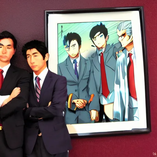 Prompt: Jetstream Sam, Omori, and Saul Goodman, standing next to Phoenix Wright, award-winning photograph, dramatic lighting