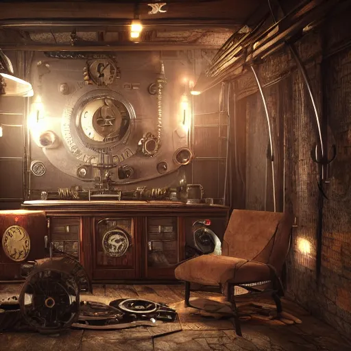 Prompt: steampunk room from year 2 4 5 5 octane render