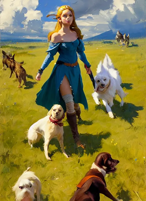 Image similar to Greg Manchess painting of prinzess Zelda in casual wear out playing with the dogs, countryside, fantasy character portrait, dynamic pose, above view, sunny day, thunder clouds in the sky, artwork by Jeremy Lipkin and Giuseppe Dangelico Pino and Michael Garmash and Rob Rey, very coherent asymmetrical artwork, sharp edges, perfect face, simple form, wacky, 100mm