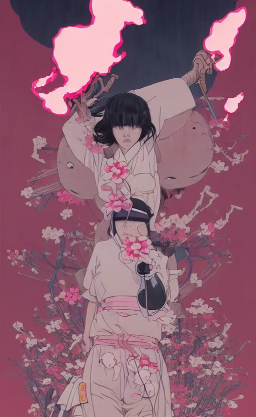 Image similar to Artwork by James Jean, Phil noto and hiyao Miyazaki ; a young Japanese future samurai police girl named Yoshimi battles an enormous looming evil natured carnivorous pink robot on the streets of Tokyo; Japanese shops and neon signage; crowds of people running; Art work by hiyao Miyazaki, Phil noto and James Jean