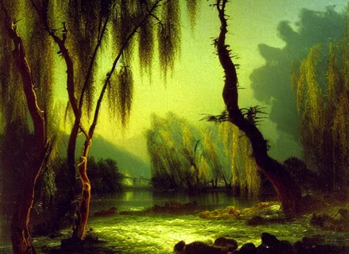 Image similar to oil painting of a willow tree next to a raging river by albert bierstadt, beautiful lighting