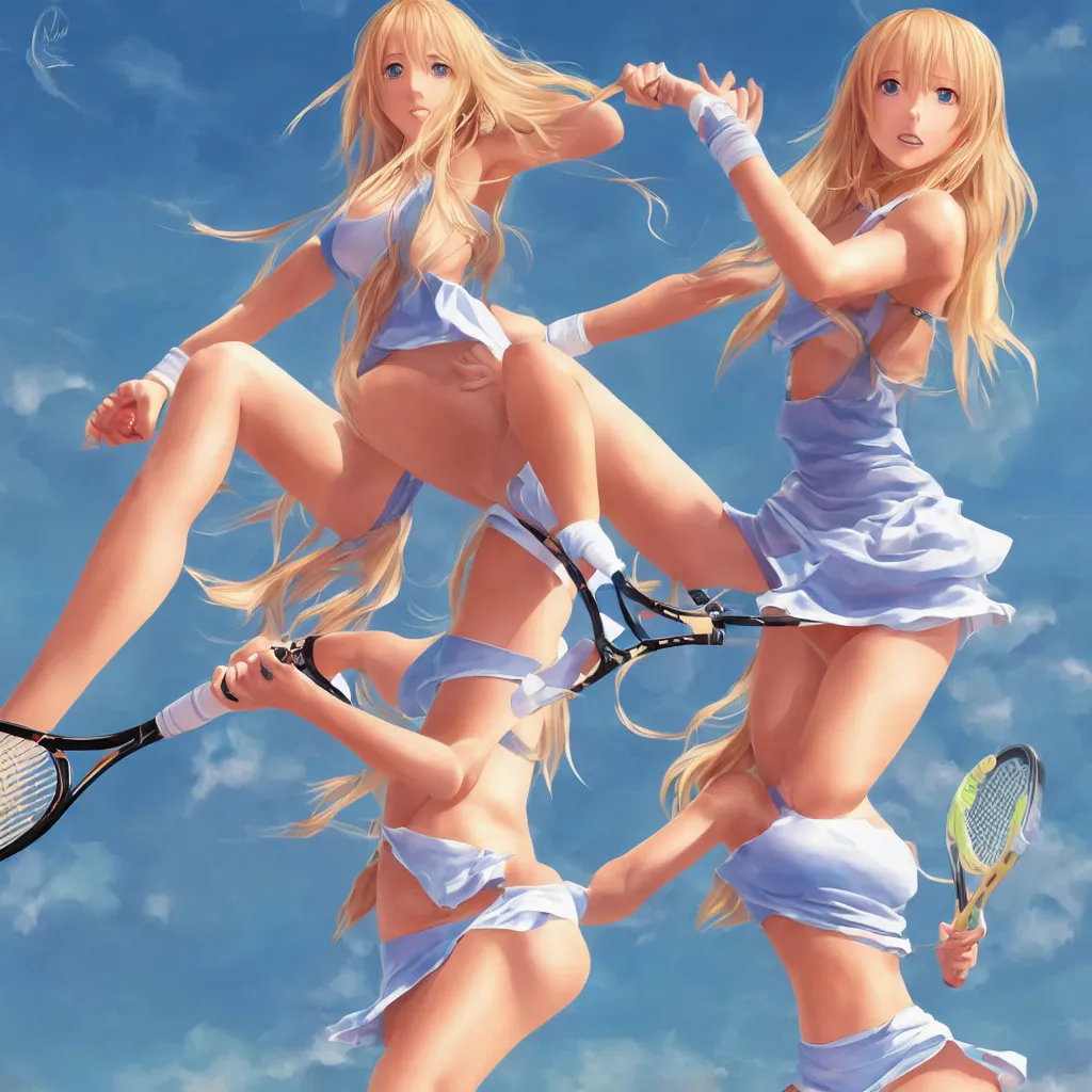 Prompt: a very beautiful young tennis player yuuki asuna, full body, long wavy blond hair, sky blue eyes, full round face,, bikini, miniskirt, front view, mid - shot, highly detailed, cinematic wallpaper by stanley artgerm lau