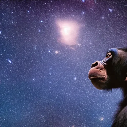 Image similar to a blue chimp is laying on his back, looking at the stars, 4 k, photo, beautiful