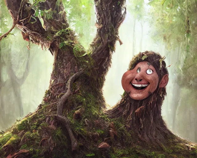 Prompt: a talking tree, a smiling face in the bark, nose made of wood, mouth in the bark, eyes in the bark, fantasy concept art, fantasy oil painting, hyperrealistic, magical, highly detailed, artstation, cgsociety, in the forest