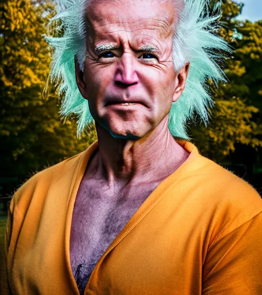 Image similar to award winning 5 5 mm close up portrait color photo of super saiyan biden, in a park by luis royo. soft light. sony a 7 r iv