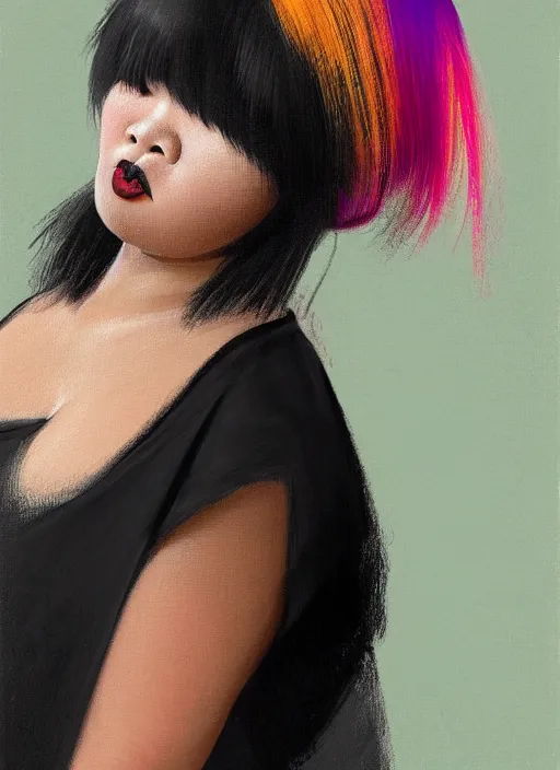 Image similar to portrait of a plump thai woman with a crooked nose and a confident expression, 1 9 6 0 s, black clothes, goth, punk, brightly coloured hair, funk, intricate, elegant, highly detailed, digital painting, artstation, concept art, smooth, sharp focus, illustration, art by wlop, mars ravelo and greg rutkowski