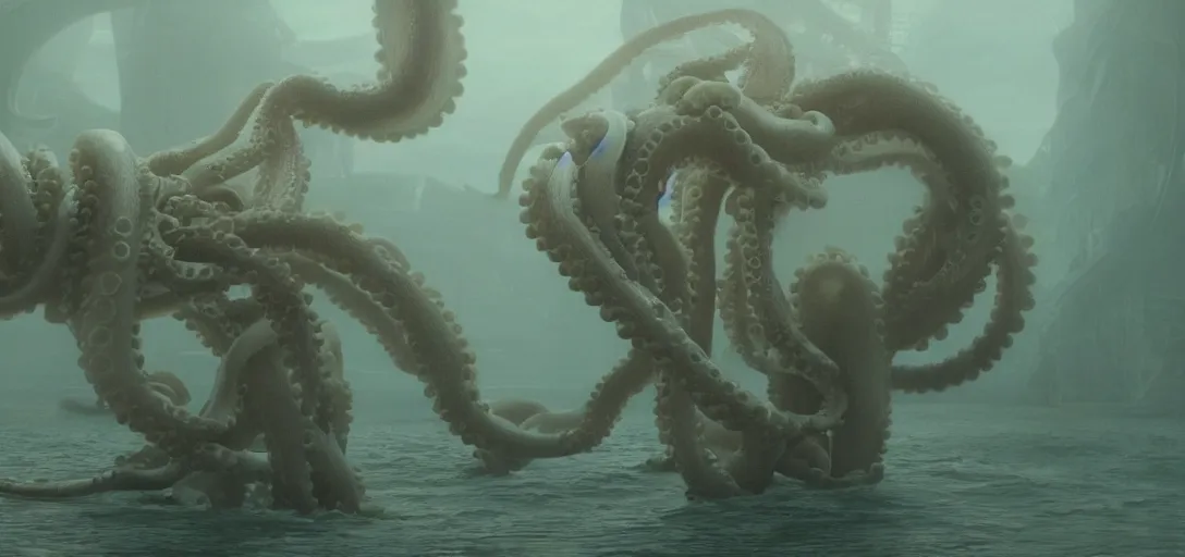 Prompt: a robotic octopus'tentacles wrapped around jupiter, foggy, cinematic shot, photo still from movie by denis villeneuve, wayne barlowe