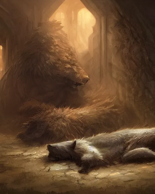 Image similar to medieum shot of a warg!!! dire wolf sleeping on a mat in a corner of a adobe house, torchlit, concept art by marc simonetti and christophe vacher, trending on artstation