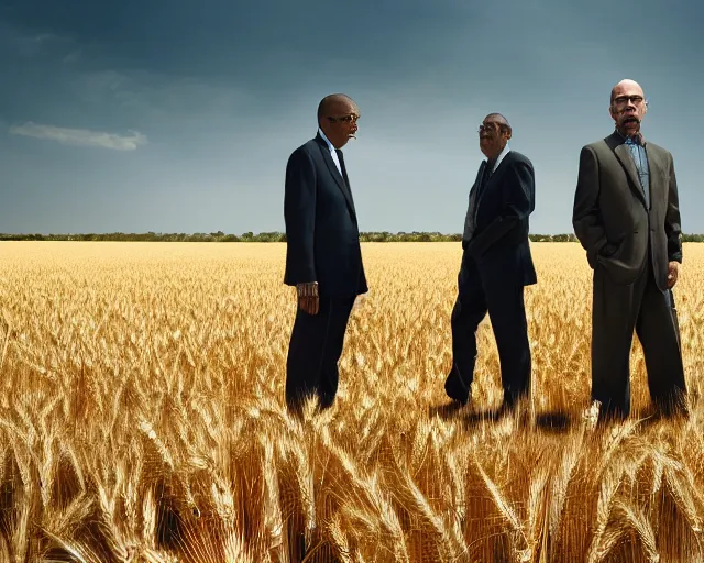 Image similar to extreme long shot of walter white and gustavo fring stand facing each other from a distance in a wheat field, low angle, side view, 8 5 mm photograph, 8 k resolution, wide shot, sharp lens