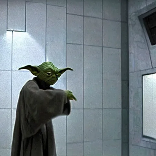 Prompt: master yoda using the urinal in the bathroom of the death star, movie scene from star wars 1 9 9 9