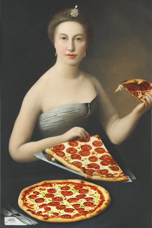 Prompt: historical photo of queen margherita ( savoy ) eating!!! a pizza! margherita, full body, portrait photo, diffuse light, acclaimed masterpiece