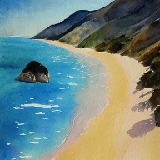 Prompt: golden bay new zealand, abel tasman, amazing watercolor painting, trending on artstation
