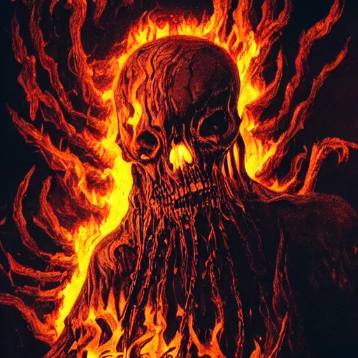 Image similar to the grim ripper contemplating his work after harvesting the soul of the living. fire all around. realistic, high detail