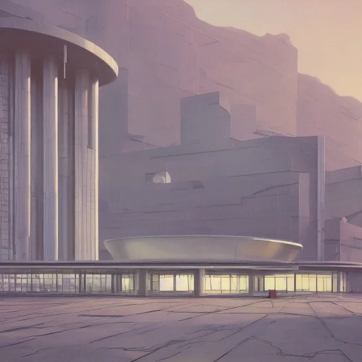 Image similar to a building in a serene landscape, retrofuturism