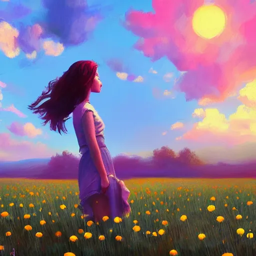 Image similar to girl with a giant daisy head, surreal photography, flower field, sunset dramatic light, impressionist painting, colorful clouds, blue sky, digital painting, artstation, simon stalenhag