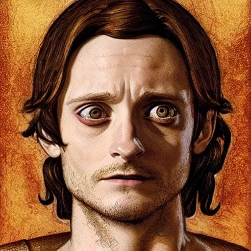 Prompt: Elijah wood, with an overwhelmed facial expression, as high level paladin in armor that is slightly to big for him, dungeons and dragons portrait, highly_detailed!!, Highly_detailed_face!!!, artstationhq, concept art, sharp focus, illustration, art by Leonardo da Vinci and Michelangelo and Botticelli