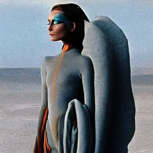 Image similar to avant - garde fashion model, still from movie dune, highly detailed