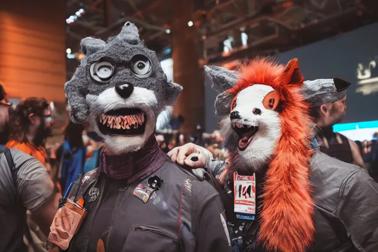 Image similar to furry convention on mars, animal costumes, 8 k photography, cyberpunk