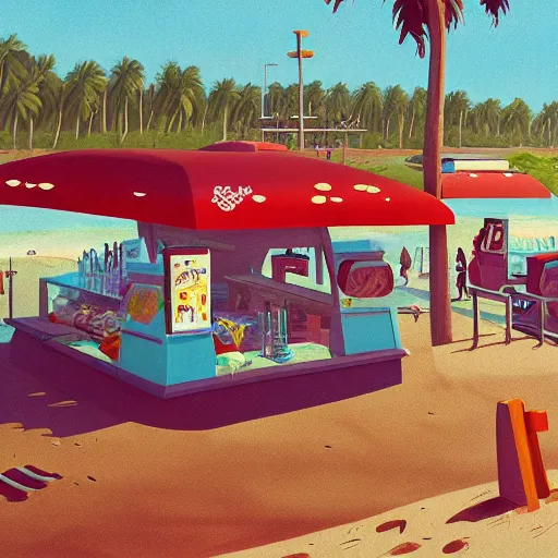 Image similar to fast food counter by the beach by simon stalenhag