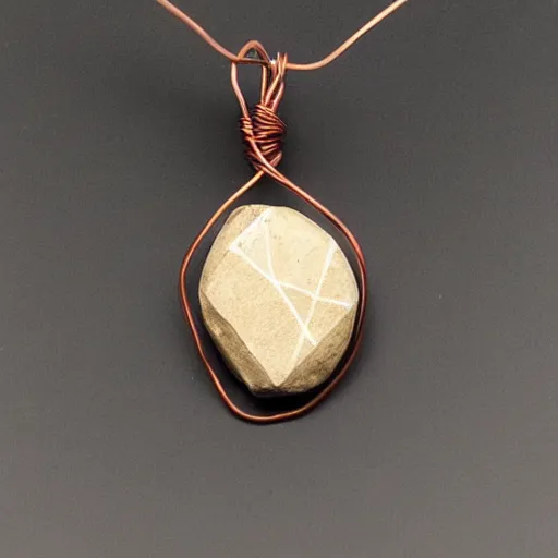 Image similar to beautiful but simple amulet made from equal parts bright sandstone and dark sandstone, bound together by copper wire and representing powerful love