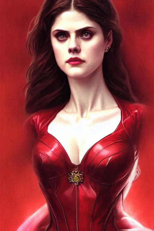 Image similar to alexandra daddario as scarlett witch, realistic portrait, symmetrical, highly detailed, digital painting, artstation, concept art, smooth, sharp focus, illustration, cinematic lighting, art by artgerm and greg rutkowski and alphonse mucha