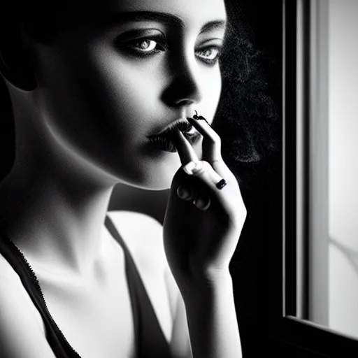 Prompt: black and white photography of highly detailed beautiful depressed Woman with detailed face in the heroine chique style standing by the window and smoking a cigarette with beautiful hand Rendered in Blender and Octane Render volumetric natural light