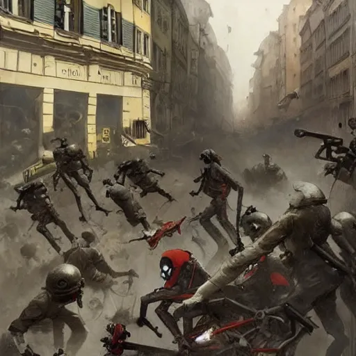 Image similar to spider robots terrorise streets of weimar germany and attack freikorps soldier, heavy street battle, pile of bodies, art by greg rutkowski and jakub rozalski