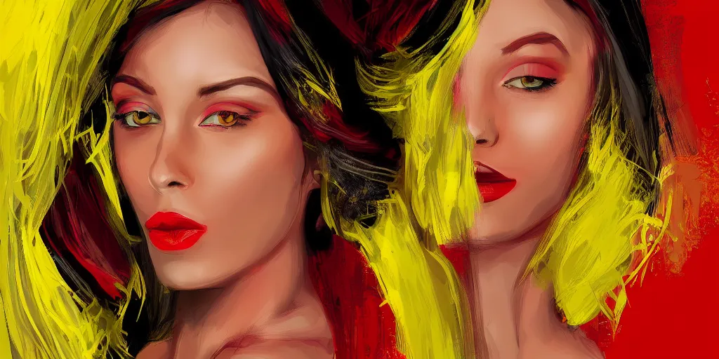 Image similar to digital painting of a beautiful woman. with accents of yellow and red