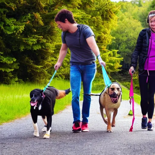 Prompt: dogs taking humans for a walk