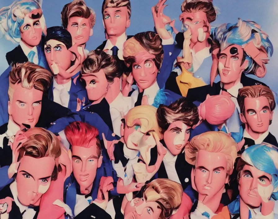 Image similar to ken barbie 1980s pop band, surrealism aesthetic, detailed facial expressions