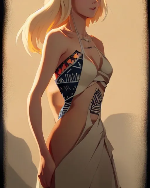 Image similar to blond woman in a tribal ripped dress, by artgerm, by studio muti, greg rutkowski makoto shinkai takashi takeuchi studio ghibli