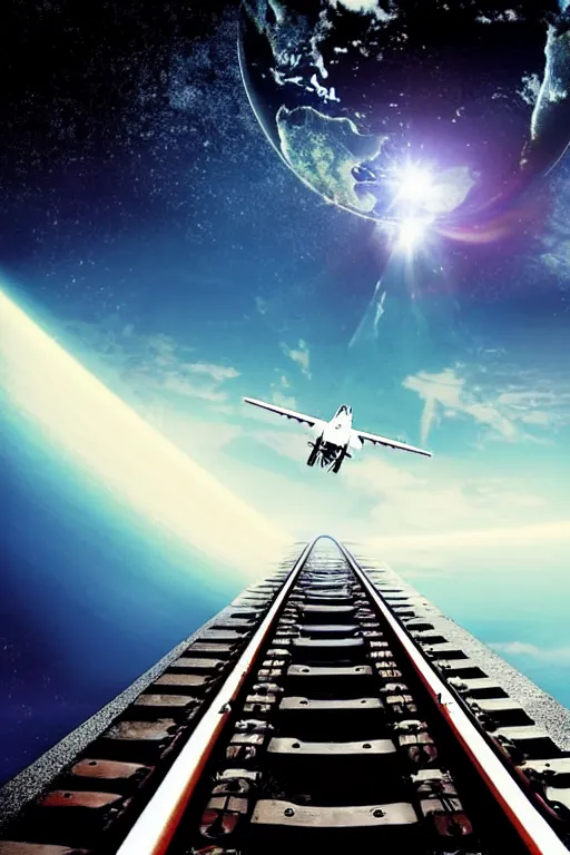 Prompt: flying train track in atmosphere around planet earth, epic award winning cinematic still