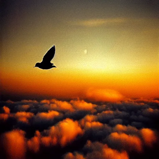 Image similar to Realistic POV shot of a dove flying over the clouds at sunset, ethereal, vintage photograph, film grain, surreal, awe-inspiring