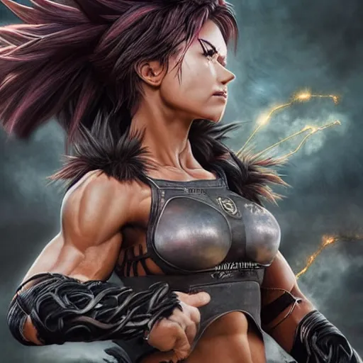 Image similar to warrior girl, muscular girl, wild spiky black saiyan hair, long spiky hair, electrified hair, insane hair, ultra realistic, intricate details, highly detailed, subsurface scattering, photorealistic, octane render, 8 k, art by artgerm, greg rutkowski, magali villeneuve, alphonse mucha