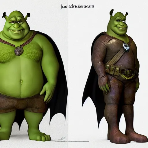Prompt: shrek is batman, concept art by jason a. engle, featured on zbrush central, photorealism, zbrush, lovecraftian, hard surface modeling